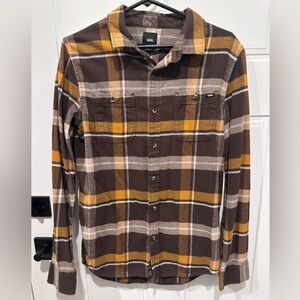 Vans Men’s Brown and Golden Yellow Plaid Button Down Shirt